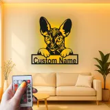 Insegna Personalizzata per Gatto Sphynx | Arte in Metallo LED da Parete Personalizzata | Regalo per Amanti dei Gatti Senza Pelo | Decorazione Moderna per Casa e Clinica Veterinaria