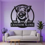 Custom Pig LED Metal Wall Art | Personalized Farmhouse Decor | Rustic Barn Sign for Farmers | Smiling Piglet Silhouette