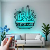 Cartel de metal personalizado con luz LED de suculenta de cactus, regalo de inauguración para decoración del salón del desierto