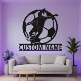 Arte mural LED de metal de jugadora de fútbol femenina personalizada | Cartel de nombre de atleta personalizado | Regalo de decoración para habitación de chicas | Luz de silueta de fútbol