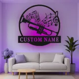 Décoration murale en métal personnalisée avec rétroéclairage LED - Cadeau pour musiciens - Décor de salle de musique avec notes de musique et trompette