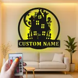 Letrero LED de casa encantada | Decoración mural de metal personalizada | Decoración de Halloween con apellido personalizado | Iluminación espeluznante para exterior y porche