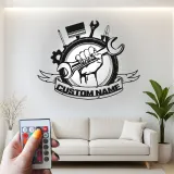 Cartel LED de Garaje Personalizado | Decoración Mural de Metal para Mecánicos | Mano Sosteniendo Llave Inglesa | Regalos para Él