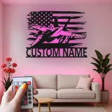 Insegna in metallo personalizzata con jet da combattimento | Arte murale LED personalizzata per pilota | Decorazione per sala hobby militare con bandiera USA