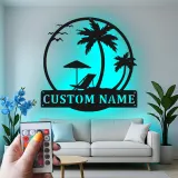 Custom Beach Scene Led Light Metal Wall Art Personalized Tropical Gift for Couples Bedroom or Patio Decor