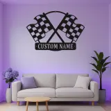 Panneau LED personnalisé drapeaux de course croisés | Décoration murale en métal à damier | Cadeau déco garage personnalisé
