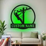 Lineman LED Metal Wall Art | Personalized Utility Worker Gift | Custom Name Powerline Technician Sign for Man Cave or Office Decor