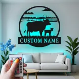 Décoration murale en métal personnalisée avec vache et veau en rétroéclairage - Cadeau pour agriculteurs - Décor de grange rustique