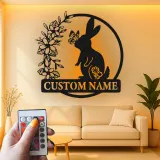 Personalized Rabbit Name Sign | LED Metal Wall Art for Nursery | Bunny & Butterfly Light | Baby Shower Gift
