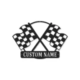 Panneau LED personnalisé drapeaux de course croisés | Décoration murale en métal à damier | Cadeau déco garage personnalisé