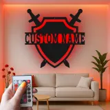 Insegna Scudo Medievale Personalizzata | Arte in Metallo LED Personalizzata | Decorazione per Cavalieri per Sala Giochi e Regalo per Appassionati di Fantasia