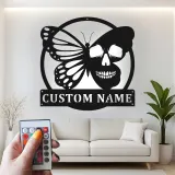 Insegna in metallo personalizzata con farfalla e teschio luce LED regalo unico per amanti del goth decorazione per camera da letto o soggiorno 1