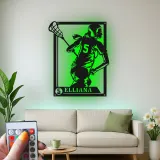 Insegna LED personalizzata per giocatrice di lacrosse | Arte murale in metallo su misura per cameretta ragazza | Regalo per atleta donna con nome e numero