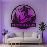 Custom Skiing Led Light Metal Wall Art Personalized Gift for Skiers Mountain Lodge Decor