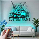 Arte mural de metal LED de vaca Highland | Cartel personalizado para rancho | Decoración rústica personalizada para amantes del ganado | Placa familiar rústica
