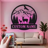 Personalisiertes LED-Metallschild für Berg-Reh-Szenen – Einzigartiges Geschenk für Naturfreunde, Dekoration für Berghütte oder Lodge