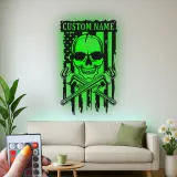Panneau LED Crâne de Plombier | Décoration Murale Patriotique Personnalisée avec Drapeau USA | Décor de Garage avec Nom Personnalisé pour Hommes