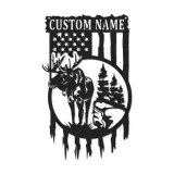 Letrero LED personalizado con alce y bandera estadounidense | Arte mural de metal personalizado | Decoración rústica para cabaña para amantes de la vida al aire libre