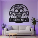 Sugar Skull LED Metal Wall Art | Personalized Day of the Dead Decor | Custom Name Sign for Salon, Patio or Studio