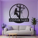 Décoration murale LED en métal Lineman | Silhouette d’électricien personnalisée | Panneau prénom sur mesure pour agent de réseau | Déco powerline