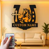 Personalized Horse & Cross LED Sign | Custom Horseshoe Metal Wall Art | Equestrian Gift for Rider | Barn, Stable & Ranch Decor
