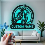 Personalisierte Metall-Wandkunst mit LED-Beleuchtung für Motocross-Fahrer – Geschenk für Dirtbike-Enthusiasten, Garage oder Spielzimmer Dekor