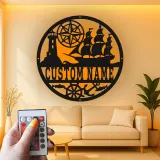 Personalisierte Nautische LED-Wandkunst | Individuelles Schiffs- und Kompass-Metallschild | Vintage Küstendekor für Zuhause oder Büro