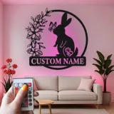 Personalized Rabbit Name Sign | LED Metal Wall Art for Nursery | Bunny & Butterfly Light | Baby Shower Gift