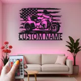 Panneau LED personnalisé pour trike | Plaque de nom de motard avec drapeau américain | Décoration murale en métal pour garage | Cadeau pour homme cave