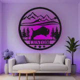 Cartel de metal LED personalizado de escena de montaña con búfalo, regalo para amantes de la naturaleza, decoración de cabaña rústica