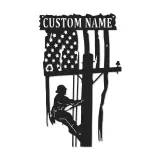 Custom Lineman Metal Sign | Personalized American Flag LED Art | Patriotic Electrician Gift | Utility Worker Wall Decor