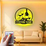 Décoration murale en métal personnalisée avec bouteille de vin et verres en rétroéclairage - Cadeau pour les amateurs de vin, décoration de cuisine ou de bar