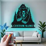 Insegna in metallo personalizzata con orso retroilluminato, regalo di fauna selvatica per amanti della natura, decorazione per cabina