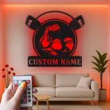 Insegna palestra personalizzata con LED | Arte da parete in metallo per sollevamento pesi | Arredo fitness su misura per home gym o studio