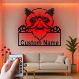 Décoration murale en métal personnalisée avec lumière LED pour chat persan - Cadeau unique pour les amoureux des chats