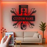 Personalized Mechanic Garage Sign | LED Metal Wall Art with Piston & Wrenches | Custom Automotive Decor for Car Enthusiasts