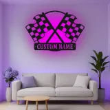 Insegna in metallo LED personalizzata con bandiere da corsa - Regalo per appassionati di auto, decorazione per garage o man cave 1