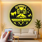 Insegna in metallo con gufo reale | Arte murale LED con nome personalizzato | Decorazione rustica su misura per baita e lodge per lui