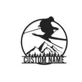 Insegna LED in metallo personalizzata per sciatore | Arte murale di montagna su misura | Arredo e regalo per baita e sci freestyle