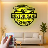 Insegna LED in metallo con muscle car su misura | Arte da parete personalizzata per garage | Arredo vintage per auto | Regalo per appassionati di auto | Arredo industriale per man cave