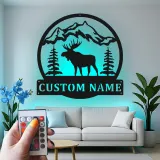 Cartel de metal LED con alce y montaña, regalo personalizado para amantes de la naturaleza, decoración de cabaña