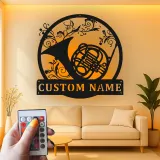 French Horn Metal Wall Art | Personalized LED Sign for Music Room | Custom Musician Name Plaque | Studio Decor Gift