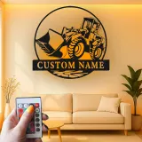 Décoration murale en métal personnalisée avec rétroéclairage Bulldozer - Cadeau pour passionnés de construction - Décor de garage ou atelier