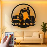 Décoration murale en métal personnalisée avec rétroéclairage pour excavateur - Cadeau de construction pour lui - Décor de garage ou d'atelier 1