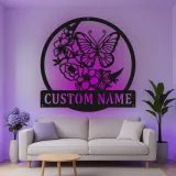 Décoration murale en métal personnalisée Papillon et Fleurs avec Rétroéclairage LED Cadeau pour Amateurs de Nature Décor de Chambre ou de Jardin