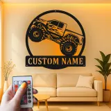 Personalisierte Monstertruck Metall-Schild | LED Licht Wandkunst | Männerzimmer-Dekoration & Geschenk für das Kinderzimmer | Offroad-Fahrzeug-Kunst