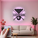 Arte murale in metallo LED Biliardi Personalizzata | Insegna per sala giochi di Pool Room | Decorazione illuminata 8 Ball e Stecca | Regalo per sala giochi per lui