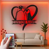 Custom Penguin Couple Led Light Metal Wall Art Romantic Gift for Couples Bedroom or Living Room Decor