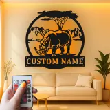 Custom Rhino Safari Led Light Metal Wall Art Personalized Wildlife Gift Living Room or Office Decor