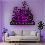 Custom Motocross Riders Led Light Metal Wall Art Personalized Gift for Dirt Bike Enthusiasts Man Cave Decor
